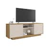 Oak TV stand with white patterned doors and open center shelving.