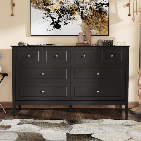FUFU&GAGA Black 8-Drawer 31.5 in. H x 55.1 in. W x 15.7 in. D Paint Finish Dresser Chest of Drawers Cabinet