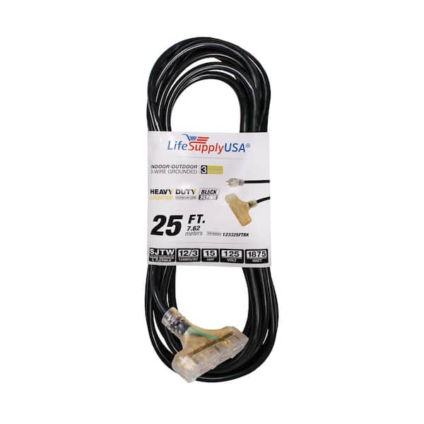 LifeSupplyUSA 25 ft. 12/3 SJTW 3-Outlet 15 Amp 125-Volt 1875-Watt Indoor/Outdoor Black Heavy-Duty Tri-Source Extension Cord (20-Pack)