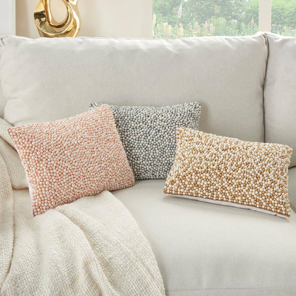 Ivory and Gold Beaded Lumbar Throw Pillow 10" x 14"