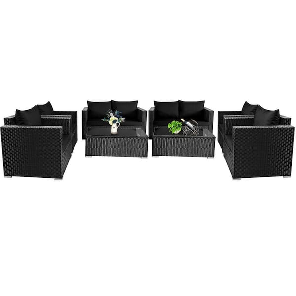 Gymax 8-Piece Rattan Patio Conversation Set Outdoor Furniture Set w/Black Cushions