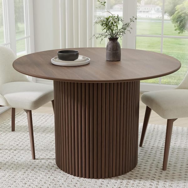 Cylindrical Walnut Colored Wood 46 in. Column Base Raw Edge Dining Table for 4