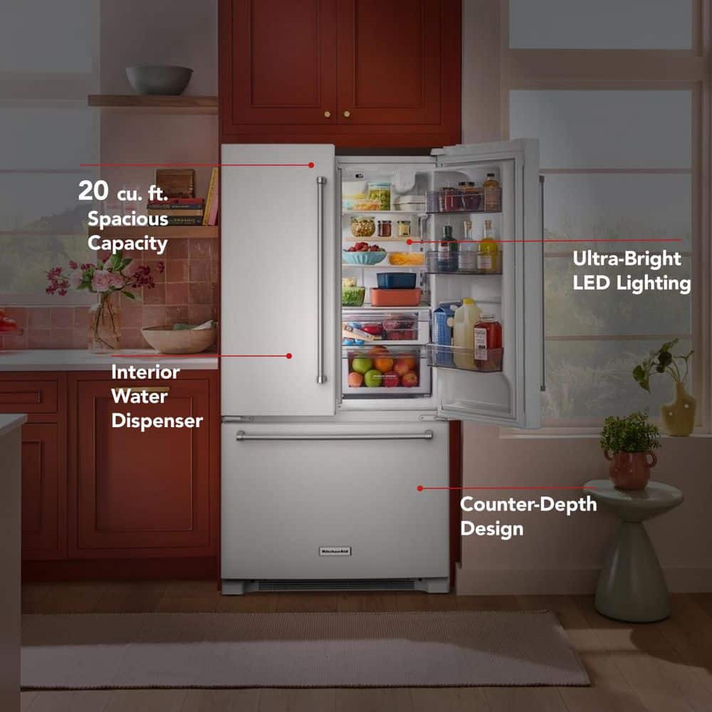 KitchenAid 20 Cu. Ft. 36 in. Width Counter-Depth French Door Refrigerator w/ Interior Dispense in White KRFC136RWH on Fridge.com