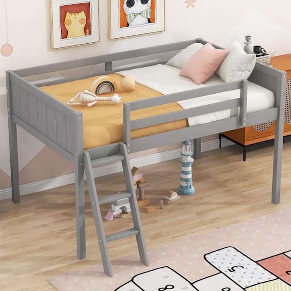 Harper & Bright Designs Gray Twin Size Wood Low Loft Bed with Sloping Ladder