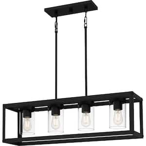 4-Light Matte Black Outdoor Linear Chandelier with Clear Glass Shades