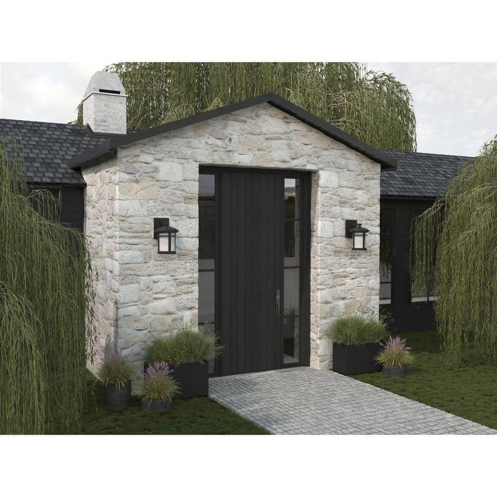 Black Porcelain LED Outdoor Wall Lantern with Etched Glass Shade