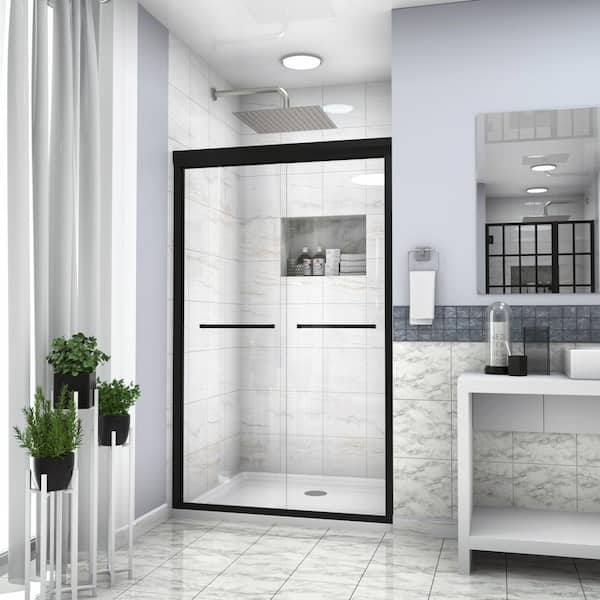 Unbranded 48 in. W x 76 in. H Double Sliding Semi-Frameless Shower Door in Matte Black Finish with Clear Glass
