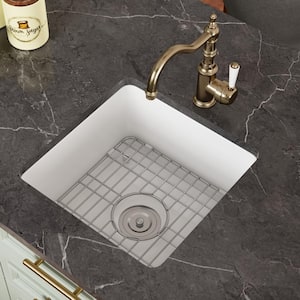 Haven White Undermount/Drop-in Fireclay Square 19 in. L x 9 in. D Single Bowl Kitchen Sink with Bottom Grid and Strainer