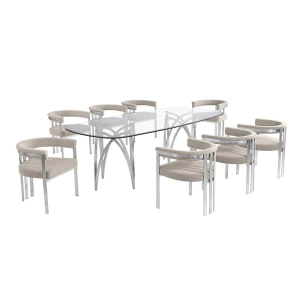 Best Quality Furniture Doug 9-Piece Clear Tempered Glass Top Chrome Plated Base Dining Set with 8-Grey Boucle Fabric Chairs