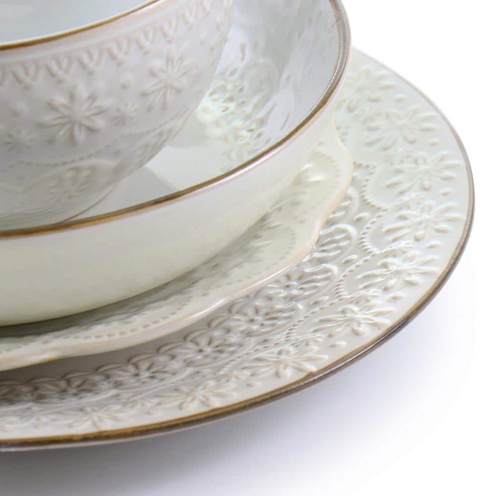Ivory Embossed Ceramic 16-Piece Dinnerware Set for Four