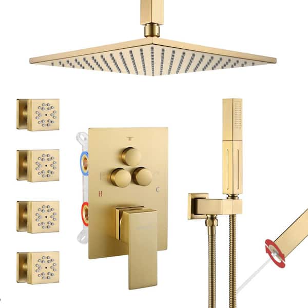 Vanfoxle Single Handle 3-Spray Patterns 1-Spray Shower Faucet 1.8 GPM with Pressure Balance Shower Head 10 in. Brushed Gold