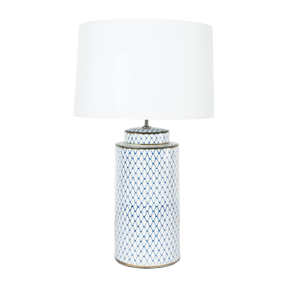 Indigo and White Ceramic Table Lamp with Linen Shade