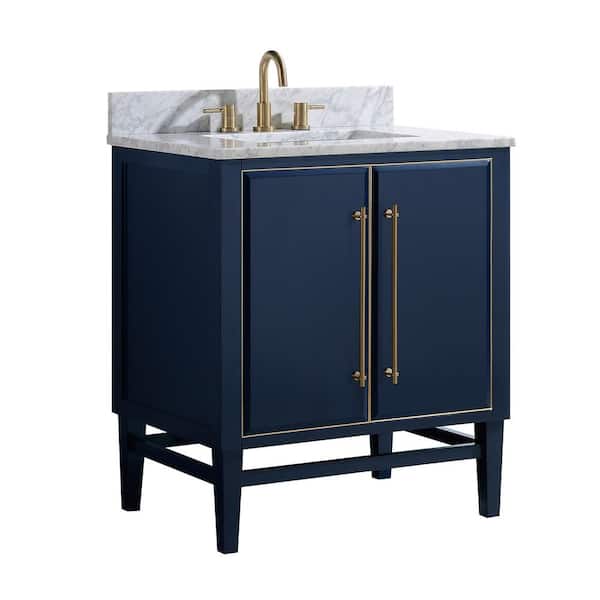 Mason 31 in. Single Sink Navy Blue with Gold Trim Bath Vanity with Carrara White Marble Top