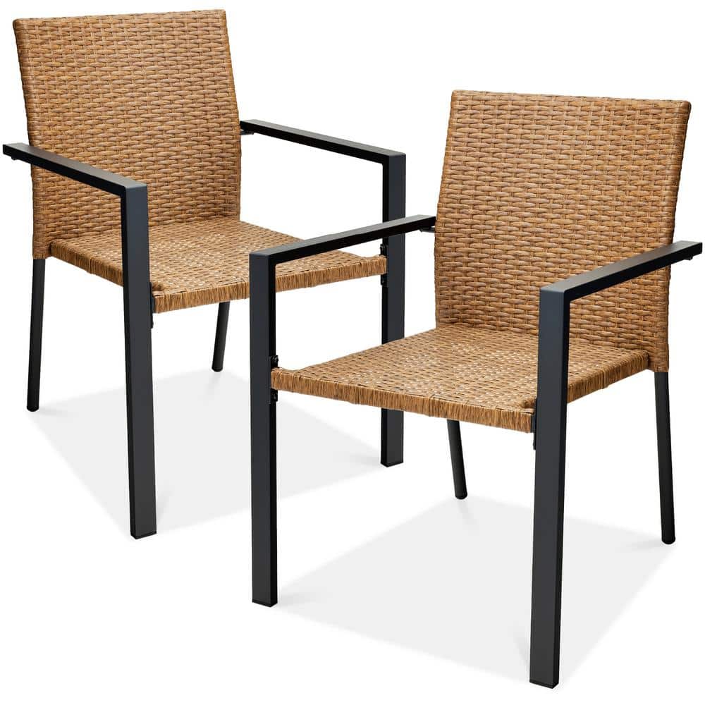 Natural Wicker and Steel Stackable Outdoor Dining Chairs, Set of 2