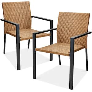 Set of 2 Stackable Natural Wicker Chairs with Armrests, Steel Conversation Accent Furniture for Patio