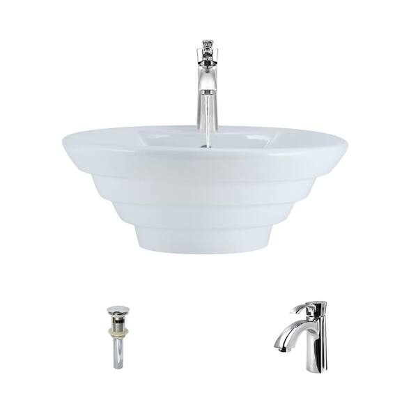 MR Direct Porcelain Vessel Sink in White with 725 Faucet and Pop-Up Drain in Chrome