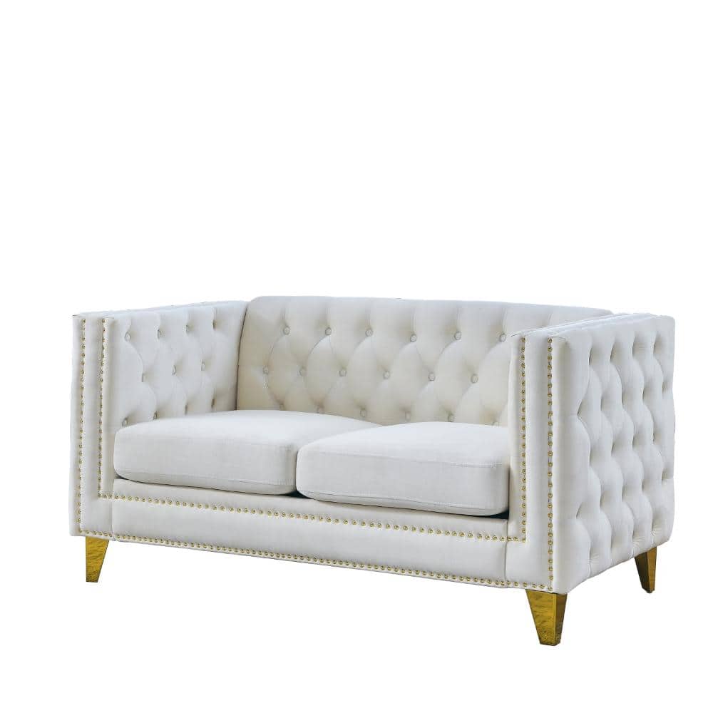 Velvet Tufted Square Arm 2-Seat Sofa with Nailhead Trim, Solid Wood Frame & Metal Legs in Beige price history on PriceWatchPro