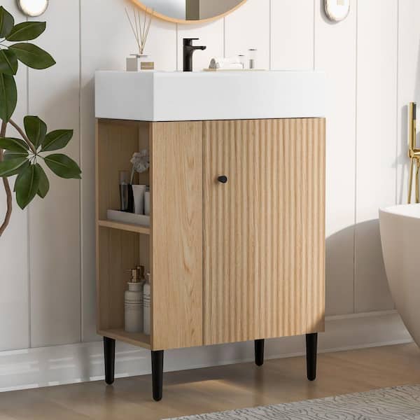 21.6 in. Single Sink Freestanding Wood Bath Vanity with White Ceramic Top and Left Side Storage