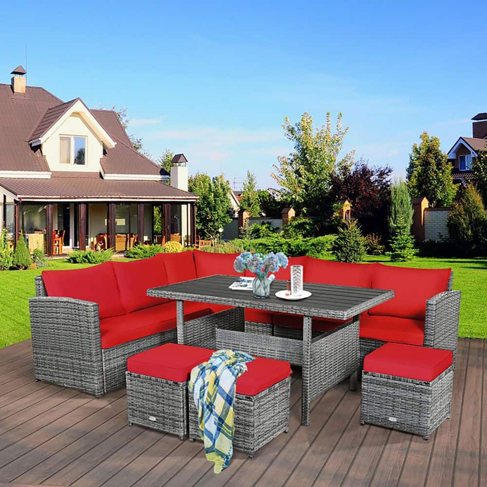 7-Pieces Wicker Outdoor Sectional Patio Sofa Set with Wicker Ottoman and Red Cushions
