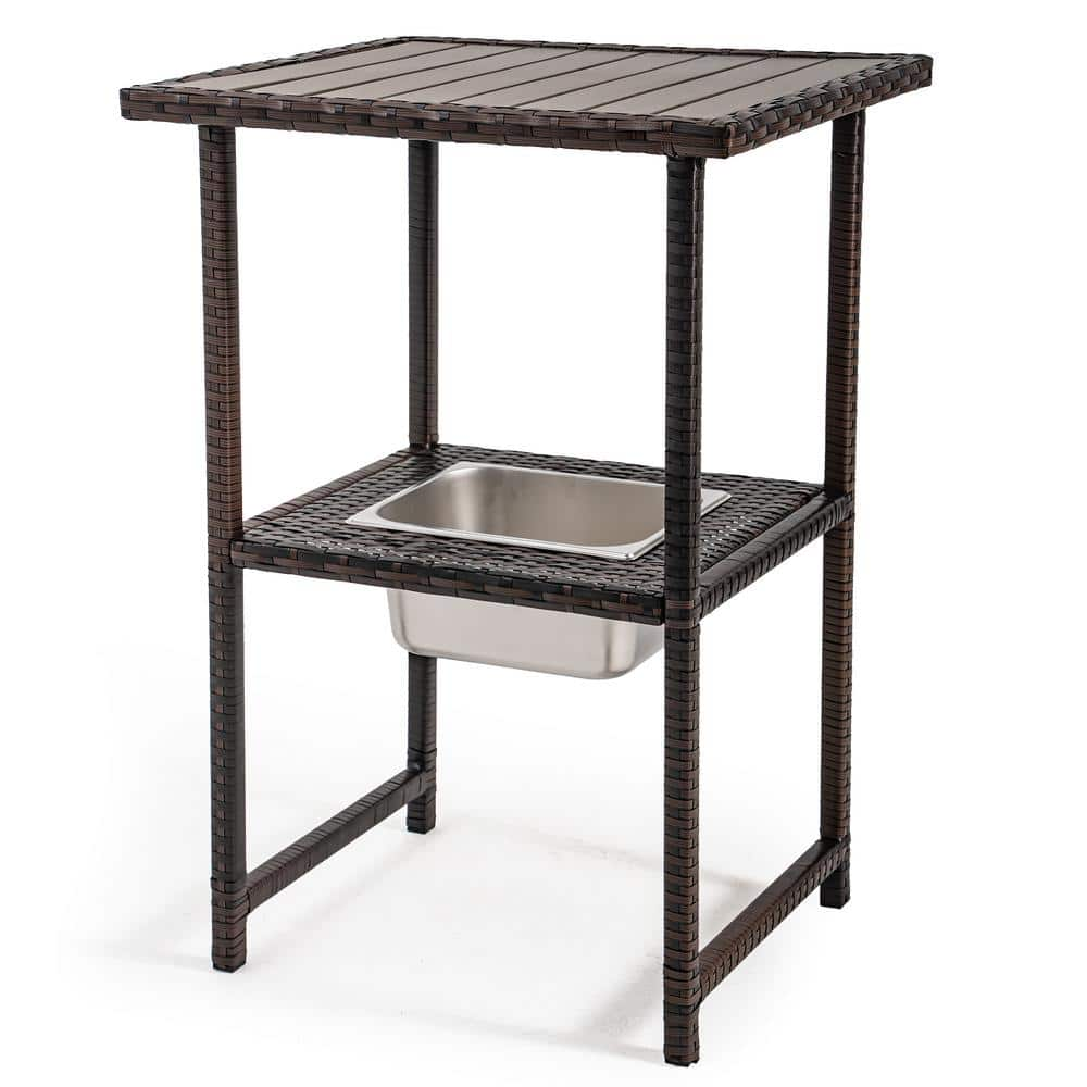 Sundale Outdoor 36" High Wicker Bar Table With Ice Bucket, Brown TABLE ...