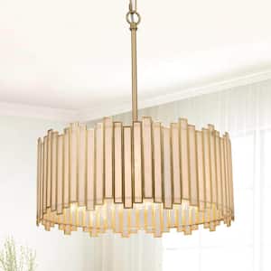 4-Light Copper Modern Drum Island Chandelier with White Stained Glass Shade Vintage Gold Accents