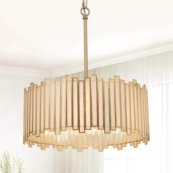 LNC 4-Light Copper Modern Drum Island Chandelier with White Stained Glass Shade Vintage Gold Accents