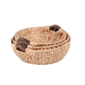 Round Water Hyacinth Basket Set with Wood Handles (3-Piece)