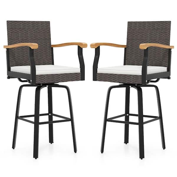 360° Swivel Wicker Outdoor Bar Stool with Removable Cushion Footrests (2-Pack）