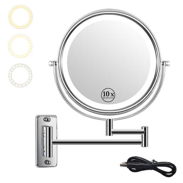 LED Lighted 8 in. W x 8 in. H Round 2 Side 1x/10x Magnifying Wall Bathroom Makeup Mirror in Chrome (Type-C Charge)