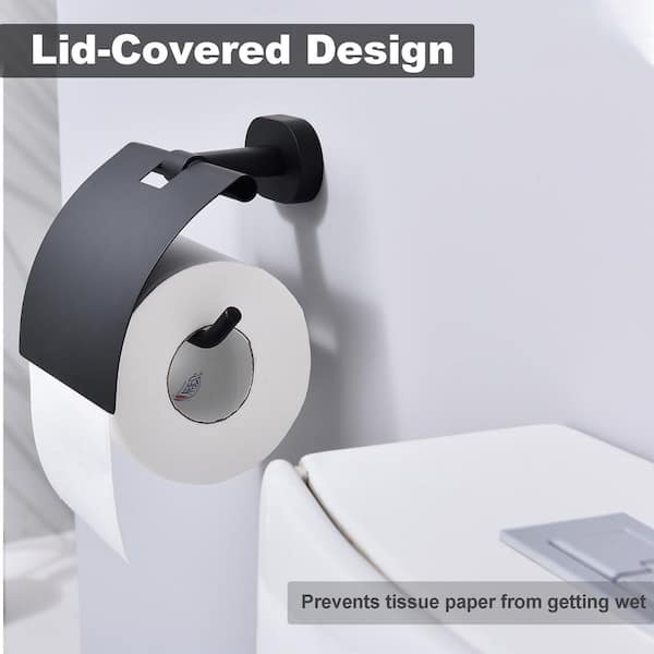 Bathroom Wall Mounted Toilet Paper Holder Tissue Holder with Cover in Matte Black