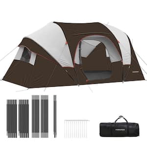 Brown 14'x11'x74in 10 Person Camping Tent Portable Easy Set Up Family Tent Windproof Fabric Dome Tent for Camping