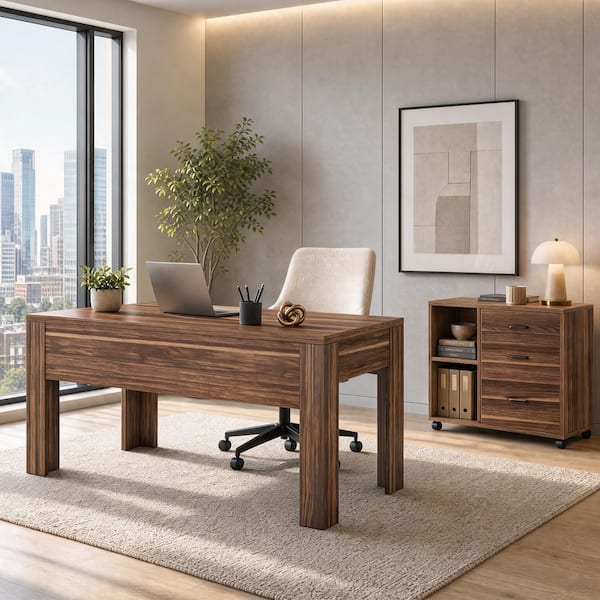Lanita 63 in. L Shaped Light Walnut Wood 3-Drawer Executive Desk with Rolling File Cabinet Combo for Home Office