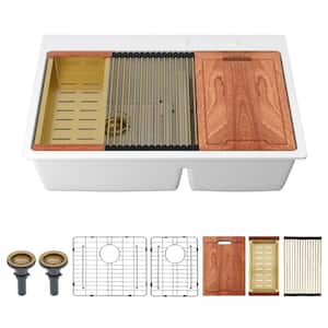 33 in. Drop in Double Bowl Quartz White Granite Composite Kitchen Sink with Bottom Grids, Golden Drain Assembly