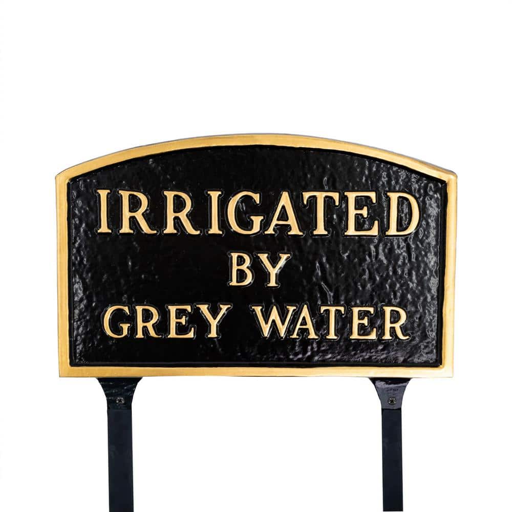 10 in. x 15 in. Standard Arch Irrigated by Grey Water Statement Plaque Sign with Lawn Stakes - Black/Gold product image for price tracking