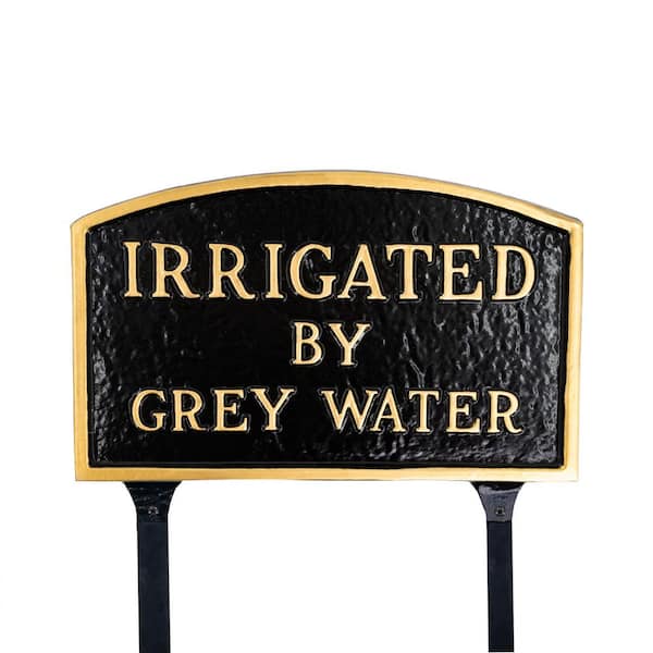 Montague Metal Products 10 in. x 15 in. Standard Arch Irrigated by Grey Water Statement Plaque Sign with Lawn Stakes - Black/Gold