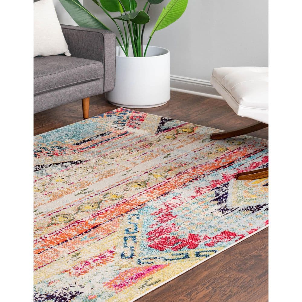 Colorful Multi-Pattern Low Pile Rectangular Area Rug
