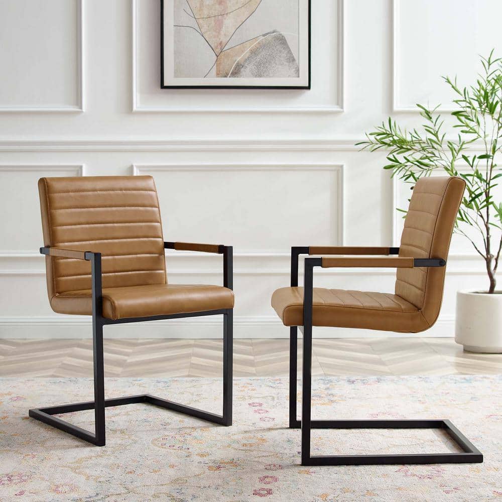 Tan Vegan Leather and Metal Arm Chair with Sled Base