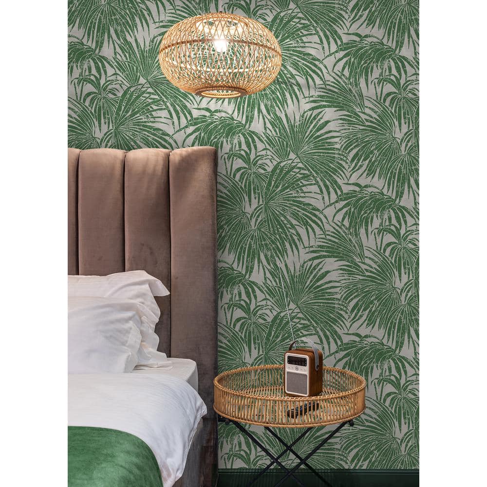 Green and Beige Vinyl Palm Leaf Peel and Stick Wallpaper