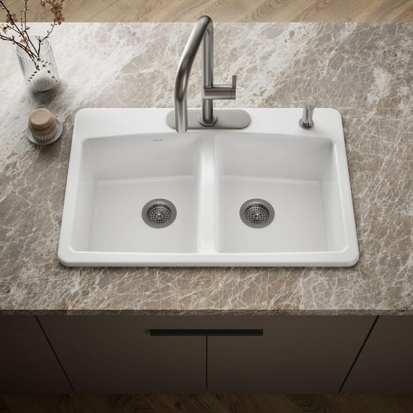 Brookfield White Cast Iron 33 in. 4-Hole Double Bowl Drop-in Kitchen Sink