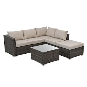 4-Piece Outdoor Wicker Patio Conversation Set with Tempered Glass Coffee Table, for Patio Garden, Gray Cushions