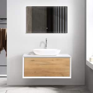 36 in. W Wall Mount Bath Vanity in White and Oak with Matte White Sink