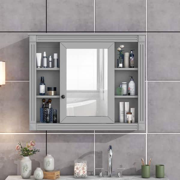 35 in. W x 28 in. H Gray Rectangular Medicine Cabinet with Mirror and Adjustable Shelves