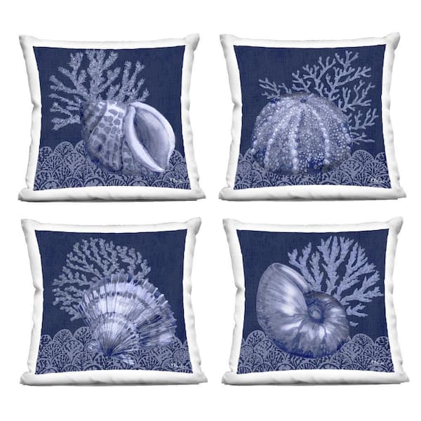 Indigo Nautical Seashells Blue Print Polyester 18 in. x 18in. Throw Pillow, Set of 4