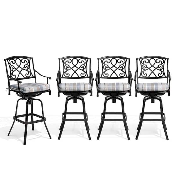 Bar Height Arm Chair Swivel Cast Aluminum Outdoor Bar Stool with Sunbrella Milano Char Cushion (4-Pack)