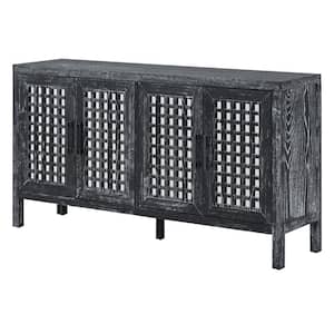 58 in. W x 15 in. D x 32 in. H Black Linen Cabinet with Grain Pattern Mirrored Doors and Adjustable Shelves