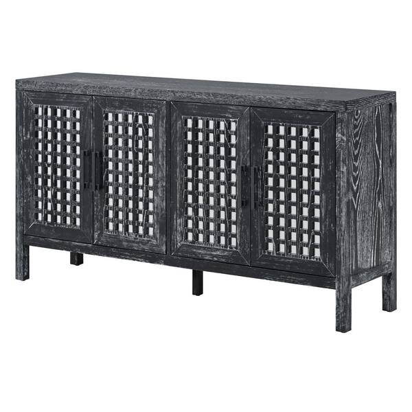 Unbranded 58 in. W x 15 in. D x 32 in. H Black Linen Cabinet with Grain Pattern Mirrored Doors and Adjustable Shelves