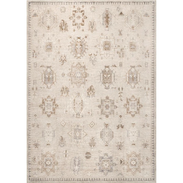 nuLOOM Krystin Machine Washable Distressed Beige 9 ft. x 12 ft. Area Rug