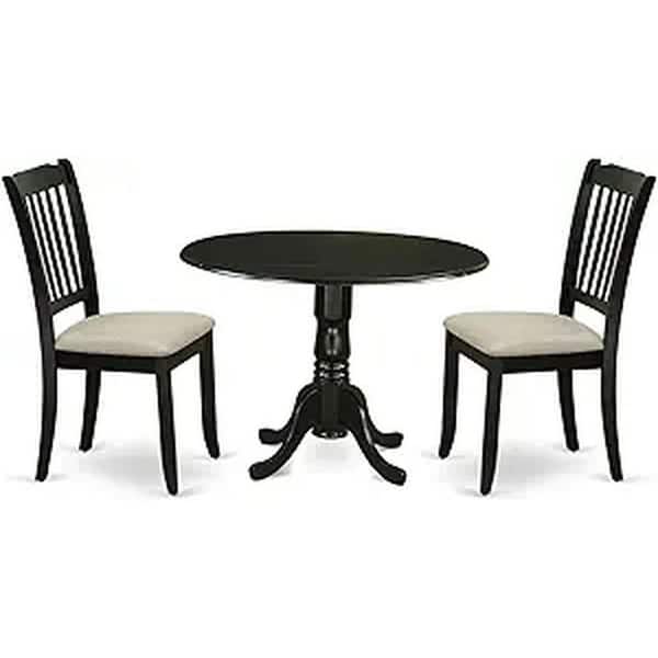 3-Piece Black Finish Solid Wood Top-Round Dining Room Set with Dropleaf-Seats 4