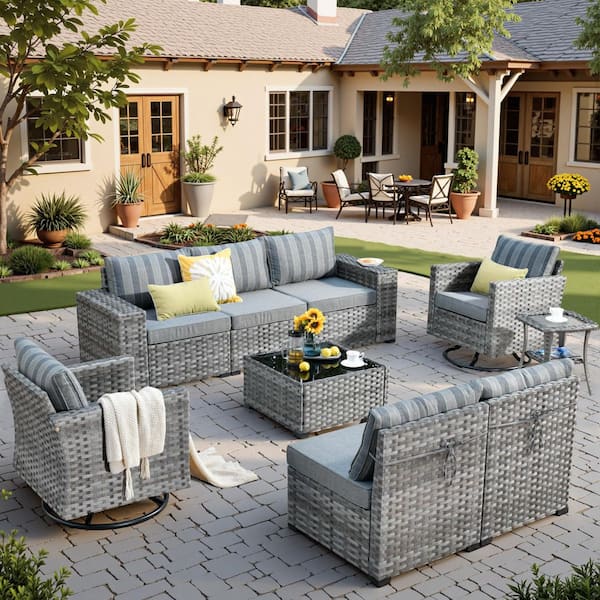 Baldwin Gray 9-Piece Wicker Wide Arm Outdoor Patio Conversation Sectional Set with Swivel Chair and Gray Striped Cushion