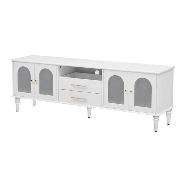 White TV Stand Fits TV's up to 75 in. with Fluted Glass Doors and Five Solid Wood Legs